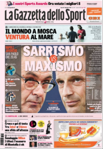 Anche l'apertura de “La Gazzetta dello Sport" del 1° dicembre inquadra Napoli-Juventus come una sfida tra due filosofie di gioco opposte